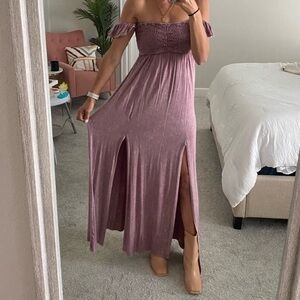 Distressed purple off the shoulder maxi dress